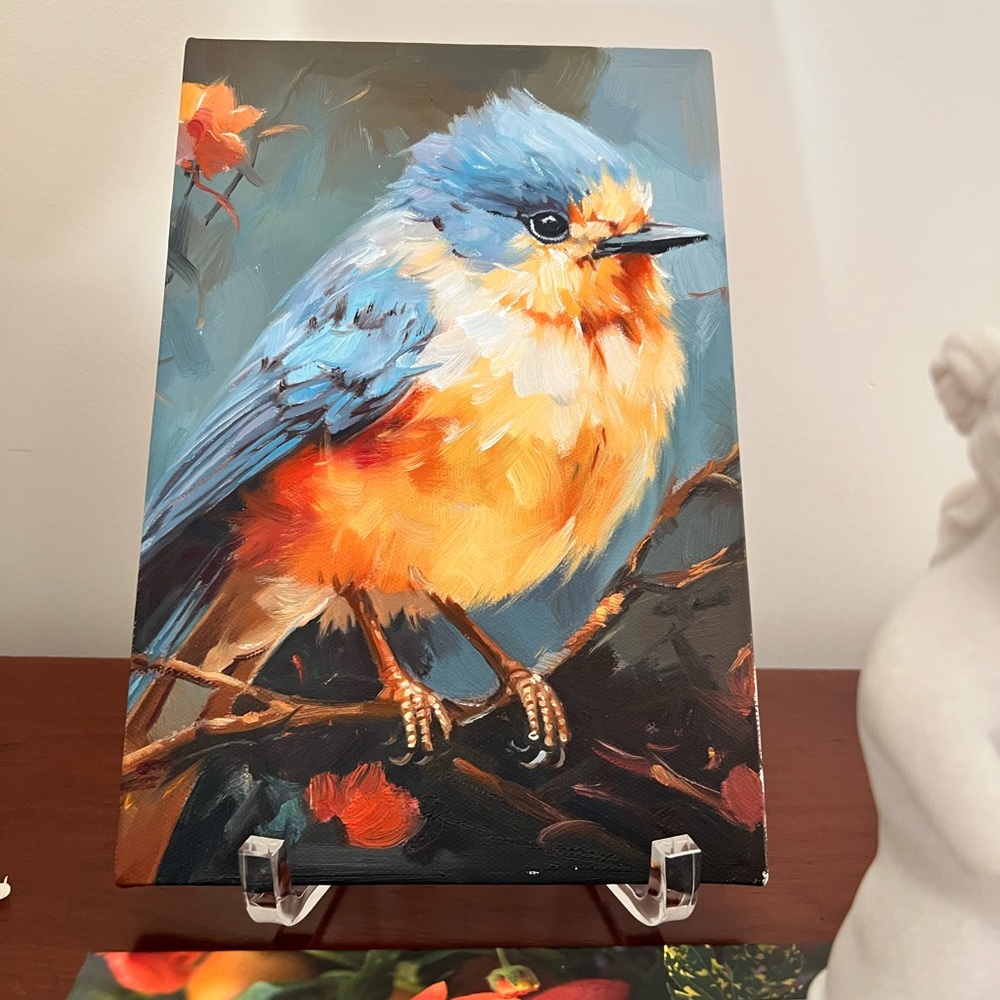 Original Oil painting orange blue bird